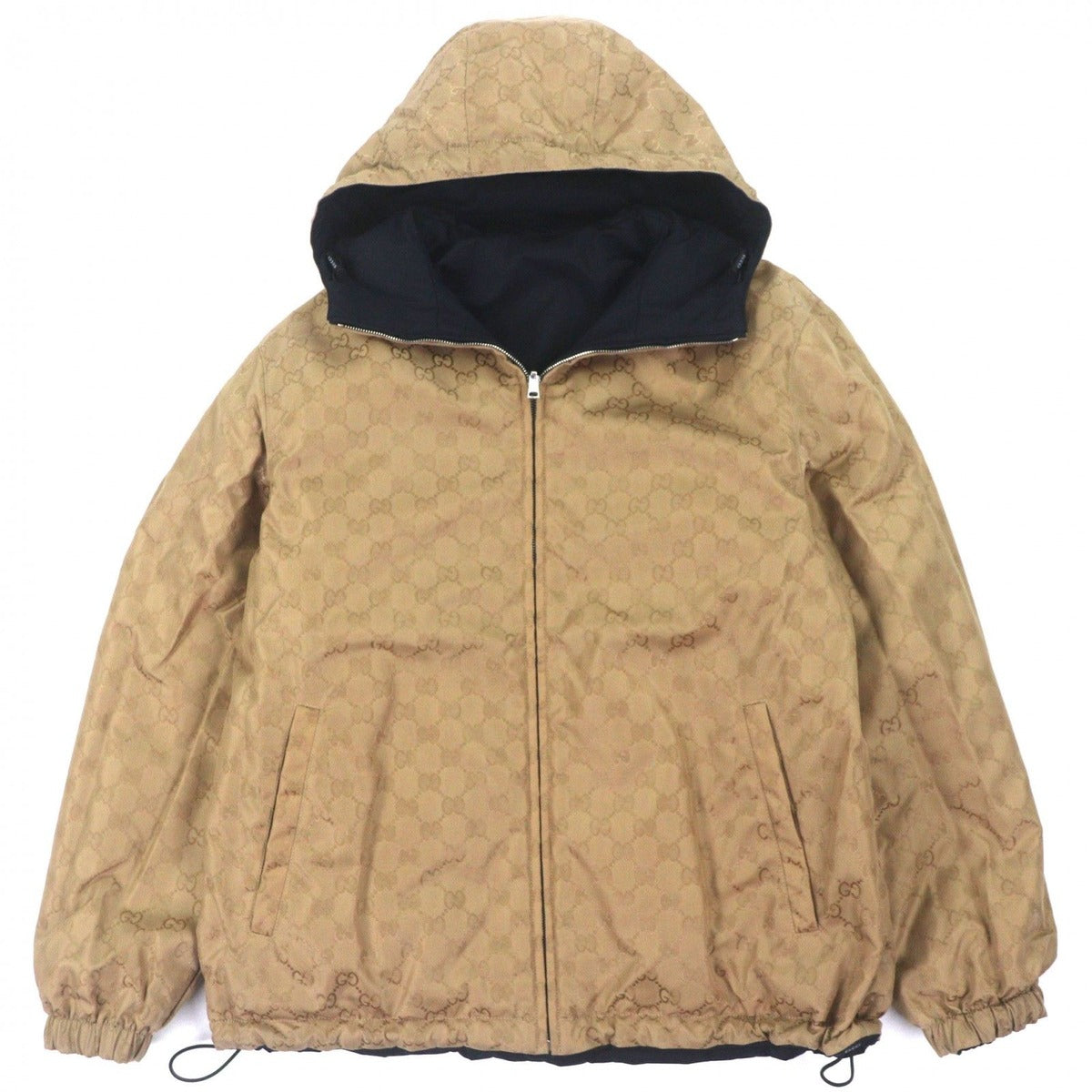Gucci GG Pattern Logo Print Reversible Zip Up Mountain Hoodie Navy Beige — view 2
