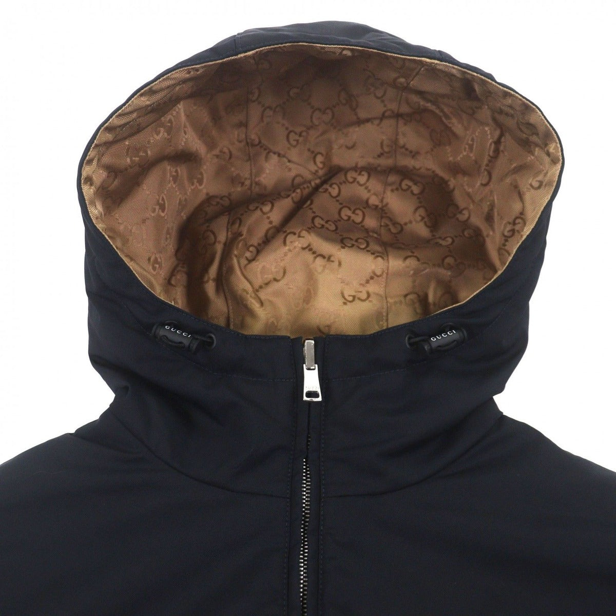 Gucci GG Pattern Logo Print Reversible Zip Up Mountain Hoodie Navy Beige — view 3