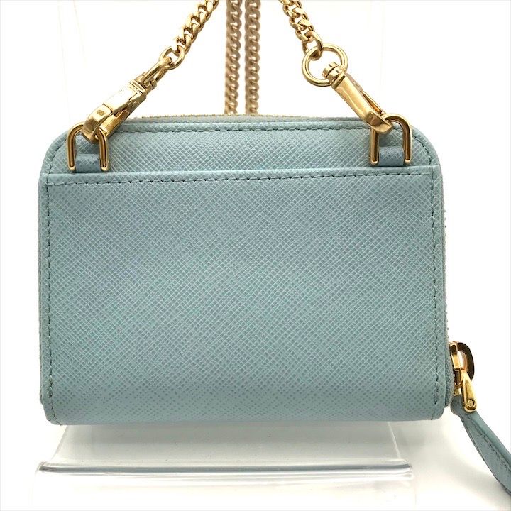 Prada Saffiano Leather Chain Shoulder Card Case Wallet Blue