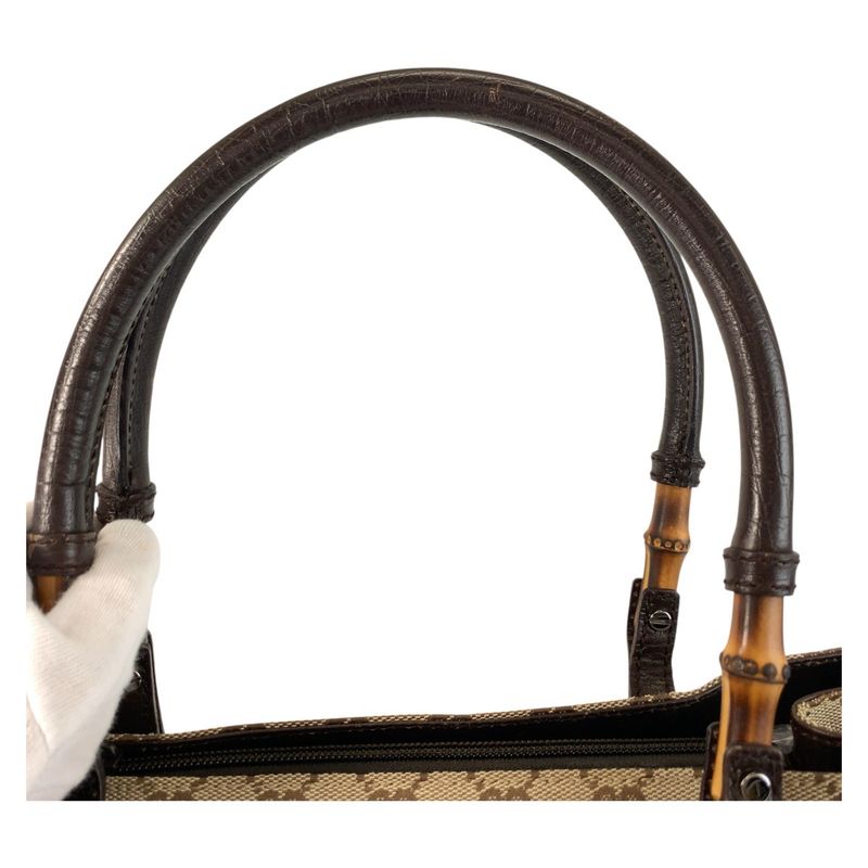 Gucci Bamboo Beige Brown Silver Hardware GG Canvas 112526 Tote Bag Shoulder Bag