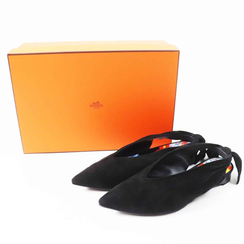 Hermes 2022 221013z Back Ribbon Pointed Toe Low Heel Suede Leather V Cut Pumps
