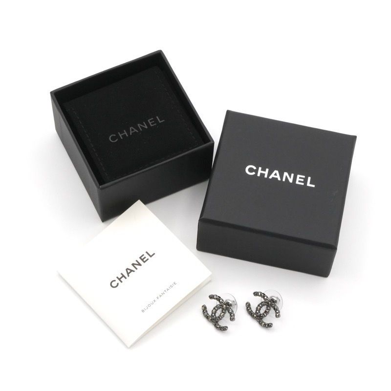 Chanel Earrings Earring Silver Black Coco Mark Rhinestone