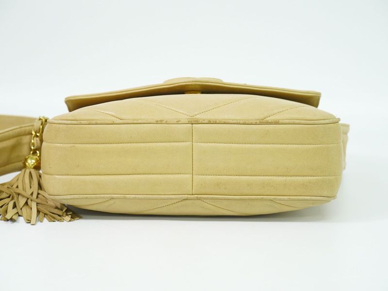 Authentic Chanel Coco Mark V Stitch Tassel Shoulder Bag Pochette Leather Beige