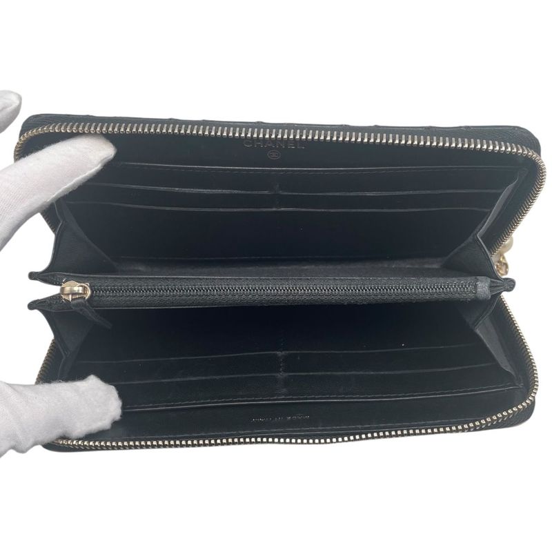 Em0840 Chanel Women's Long Wallet Pearl Zippy Wallet Black Beige