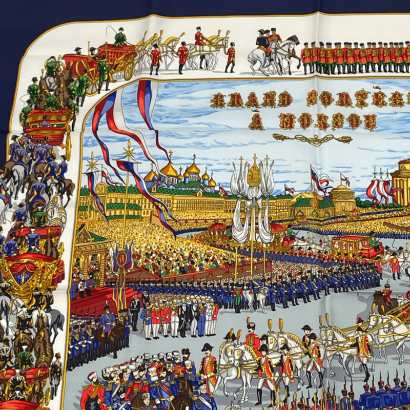 Hermes Carre 90 Grand Cortege A Moscou Moscow Grand March Red Scarf 100% Silk