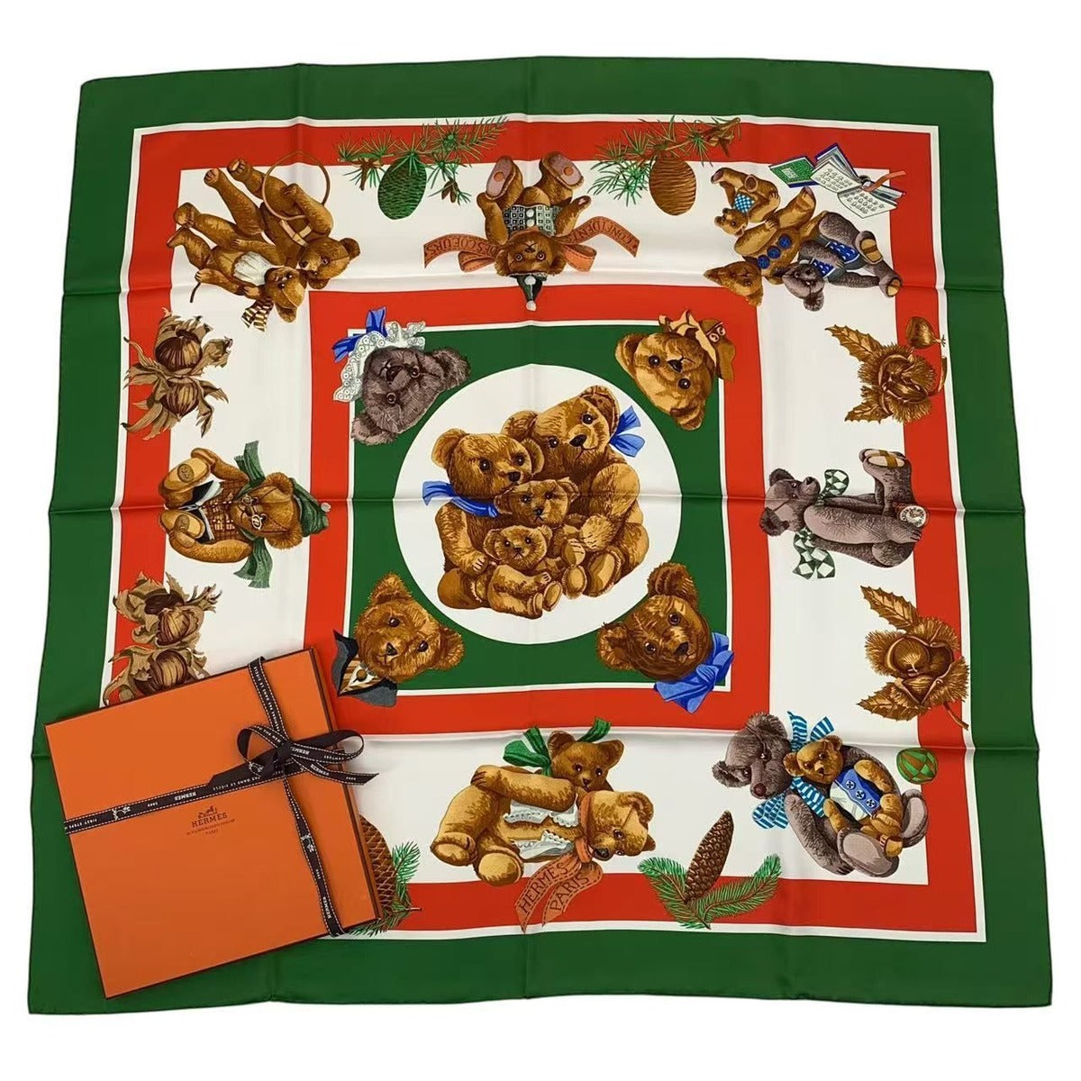 Hermes Scarf Carre 90 100% Silk Confidents Des Coeurs Teddy Bear Friends