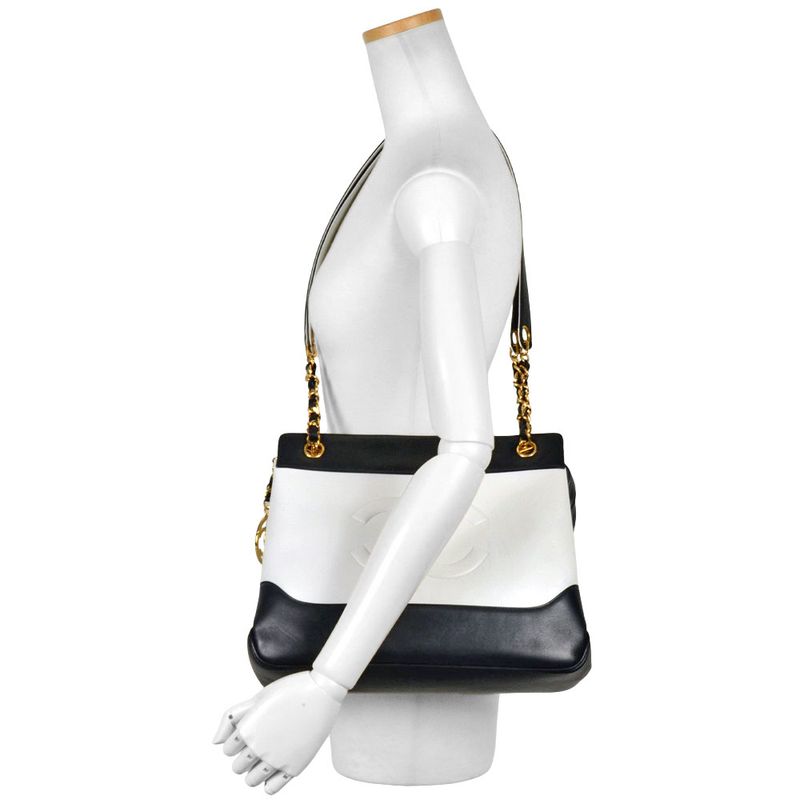 Chanel Bicolor Coco Mark Chain Tote Shoulder Bag Leather White Gold Hardware