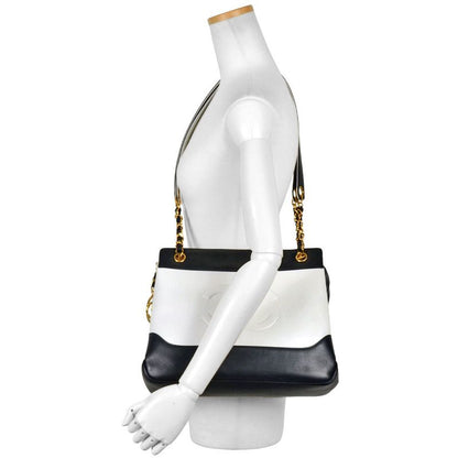 Chanel Bicolor Coco Mark Chain Tote Shoulder Bag Leather White Gold Hardware