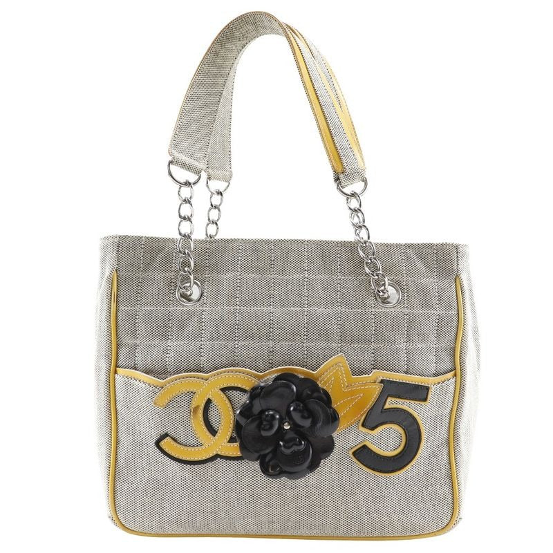 Chanel Camellia NO5 Chocolate Bar Chain Tote Canvas Gray Yellow Bag