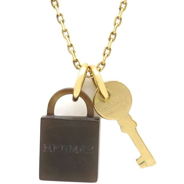 Hermes Necklace Amulet Padlock GM Buffalo Horn GP Brown and Gold Hardware