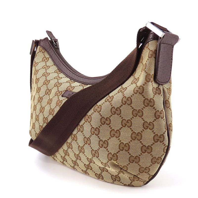 Gucci Shoulder Bag 181092 GG Canvas Leather Beige Brown Silver Hardware