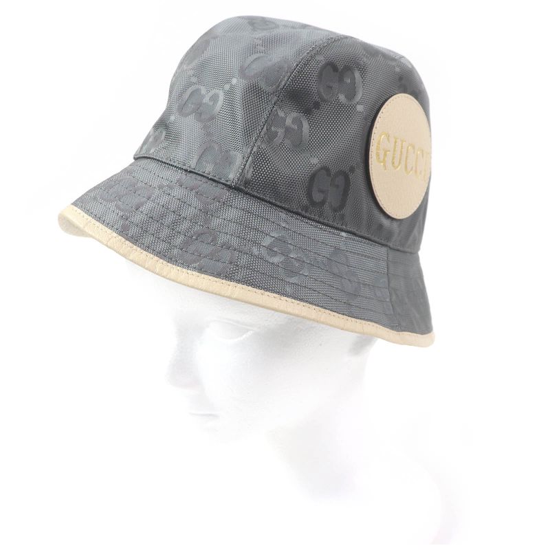 Gucci 627115 Off The Grid GG Logo Leather Piping Bucket Hat Gray S/57cm