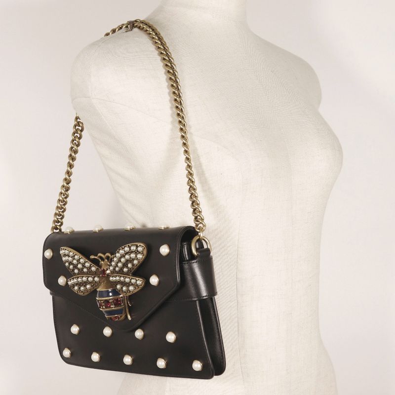 Gucci Broadway Chain Shoulder Pearl & Bee 453778 Calf Black Ladies Shoulder Bag