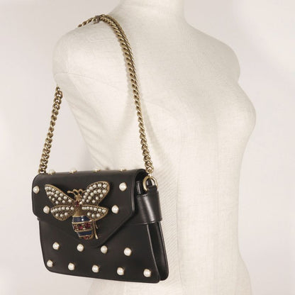 Gucci Broadway Chain Shoulder Pearl & Bee 453778 Calf Black Ladies Shoulder Bag
