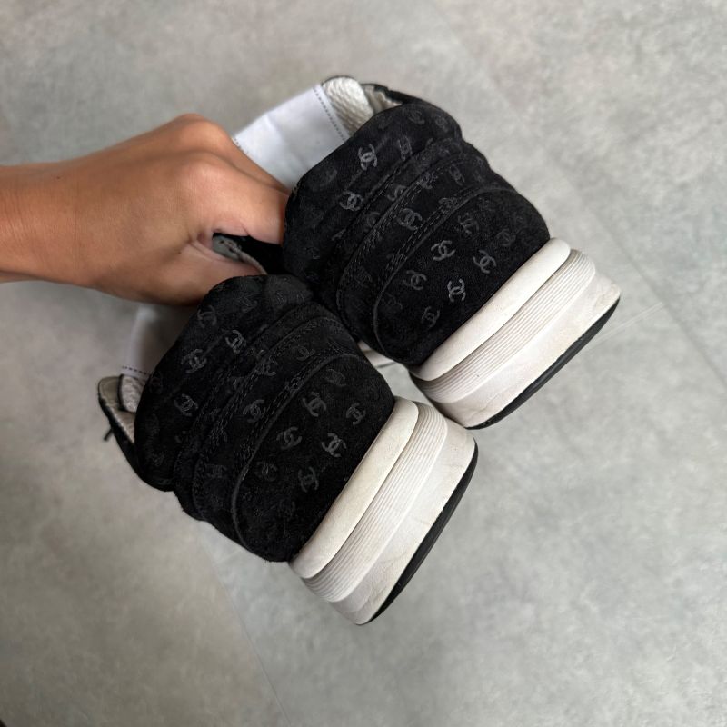 Chanel Coco Mark Sneakers Suede Mesh Logo Black White 38 25cm (9.84in)