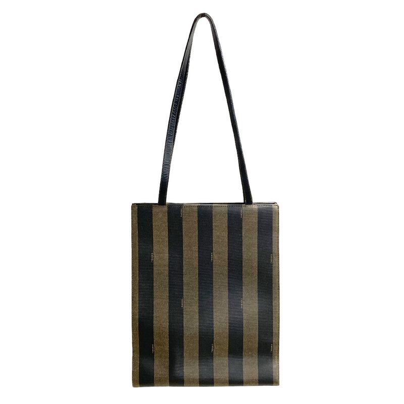 Fendi Pecan Tote Leather PVC Black Khaki Logo Unisex
