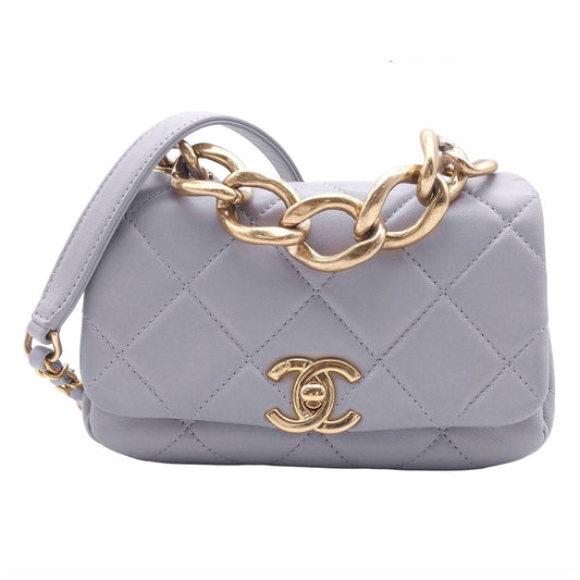 Chanel Chain Shoulder Bag Mini Quilted CC Logo Gray Lambskin 2-Way