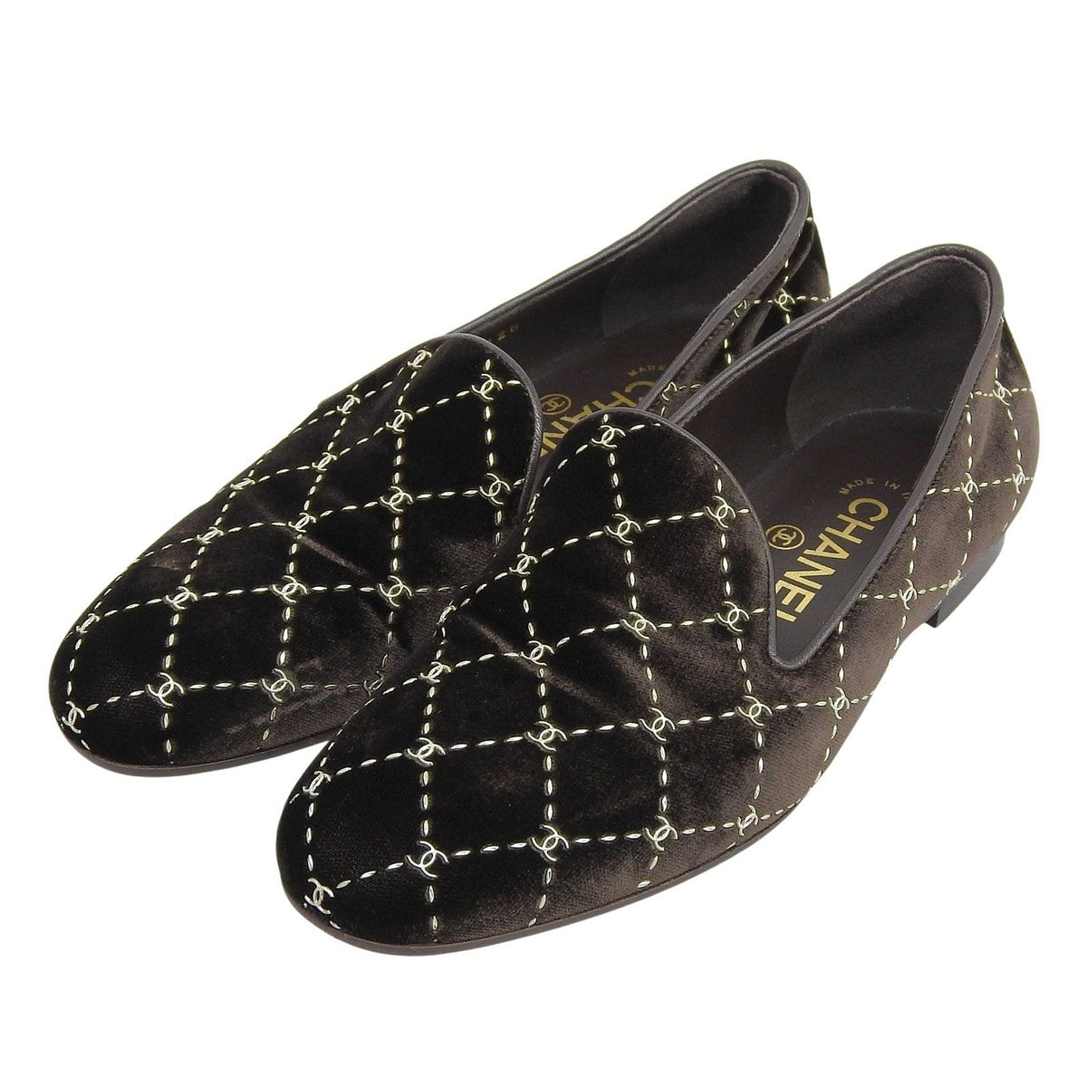Chanel Quilted Stitch Velor Opera Shoes Slip-on Dark Brown