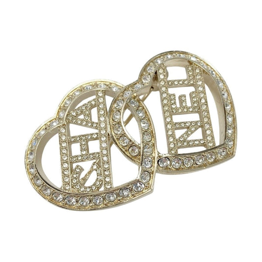 Chanel Logo Double Heart Brooch C23 B Gold GP Rhinestone