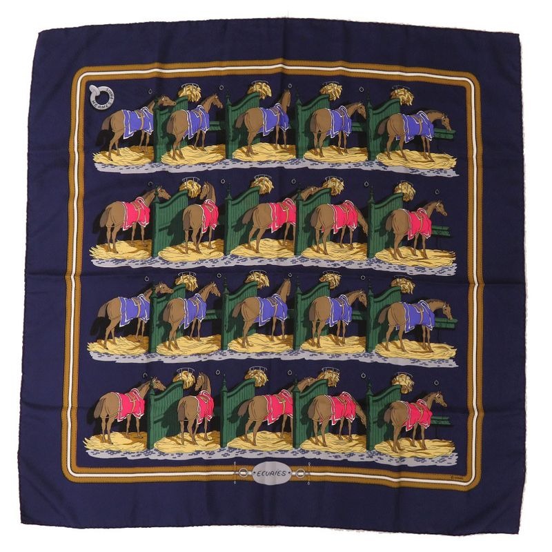 Hermes Carre 90 Ecuries Stable Silk Navy Brown Scarf 0220