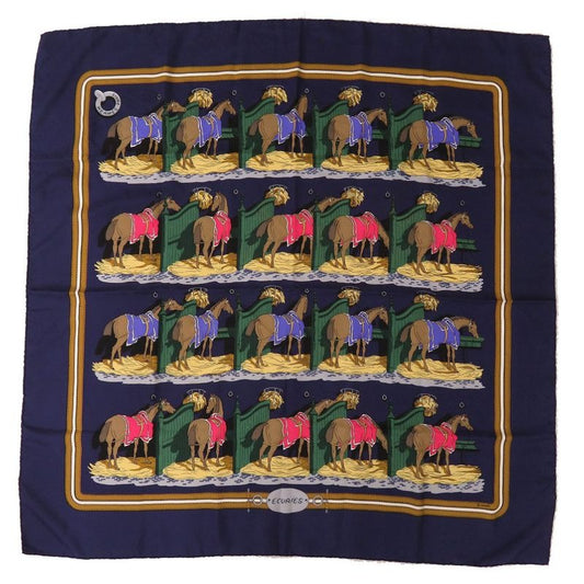 Hermes Carre 90 Ecuries Stable Silk Navy Brown Scarf 0220
