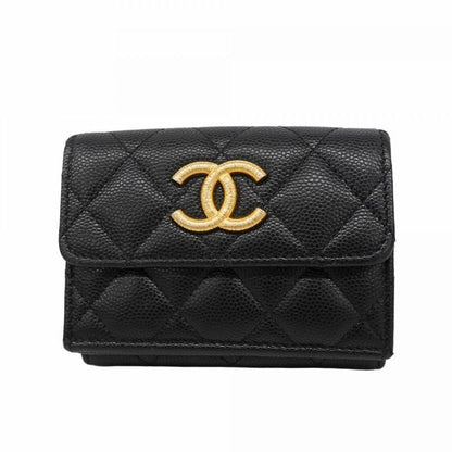 Chanel Trifold Wallet Matelasse Caviar Skin Black Gold Hardware Women