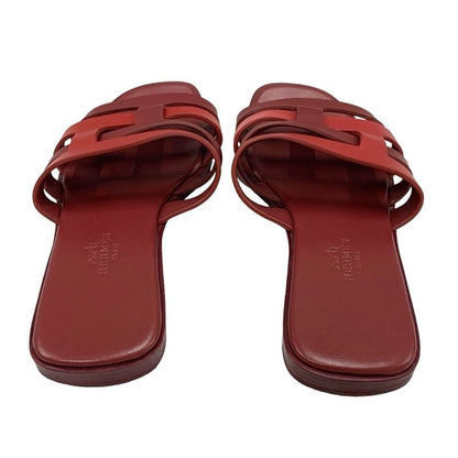 Hermes Amica Sandals Shoes Leather Wine Red Flat Sandals Mules