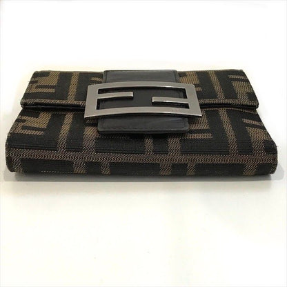 Fendi Zucca Trifold Wallet Compact FF Plate Canvas Leather Brown