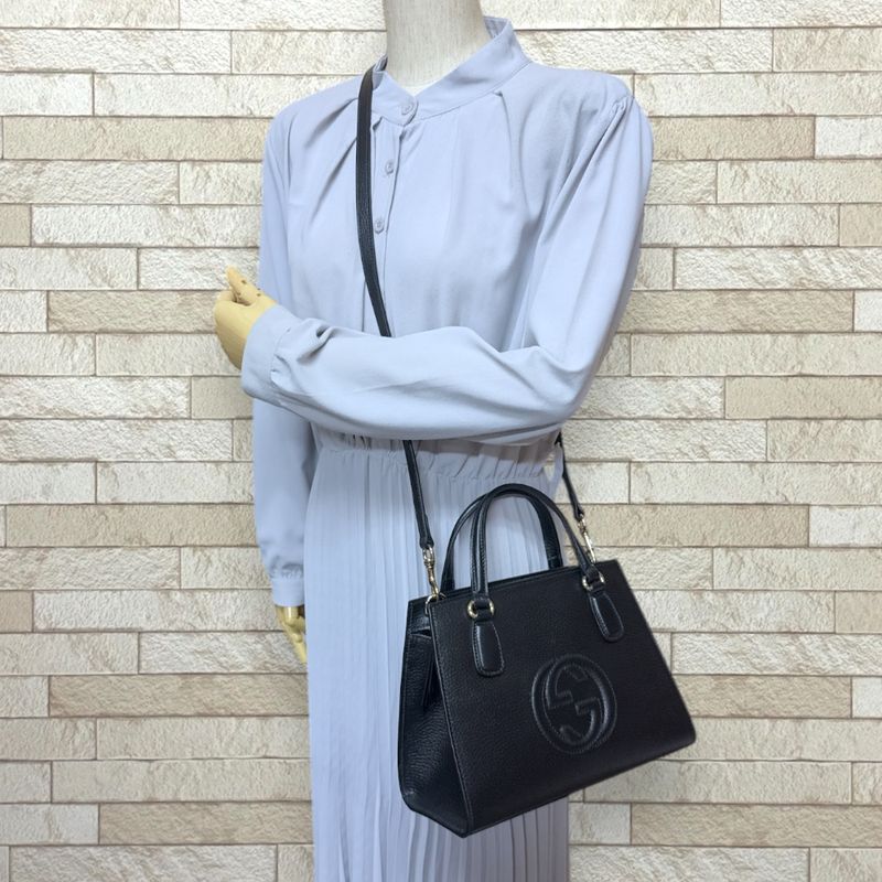 Gucci Outlet Interlocking G Soho Shoulder Bag Leather 607722 Black Ladies Gucci