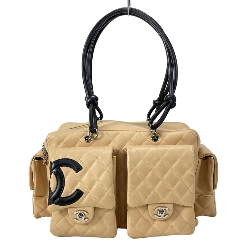 Chanel Shoulder Bag Cambon Line Multi-pocket Bag Beige And Black Silver