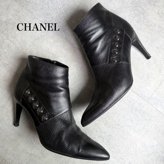 Chanel Pointed Toe Coco Mark Button Leather Zip Boots 37 1 2 C