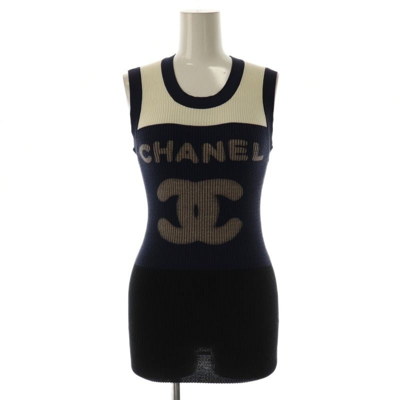 Chanel Logo Knit Tank Top Cut and Sleeveless Cotton 38 White Navy
