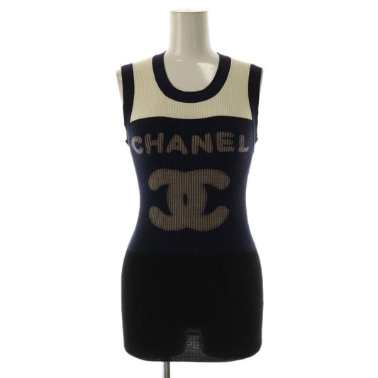 Chanel Logo Knit Tank Top Cut and Sleeveless Cotton 38 White Navy
