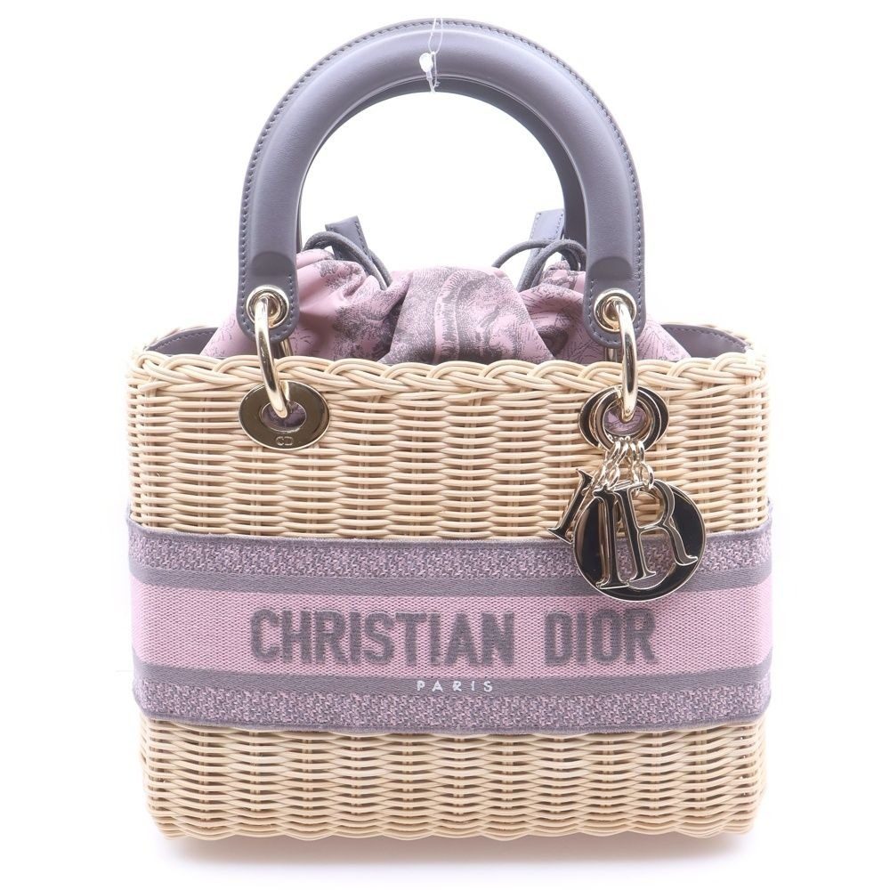 Dior Lady Wicker 2-Way Shoulder Bag Beige Pink Raffia