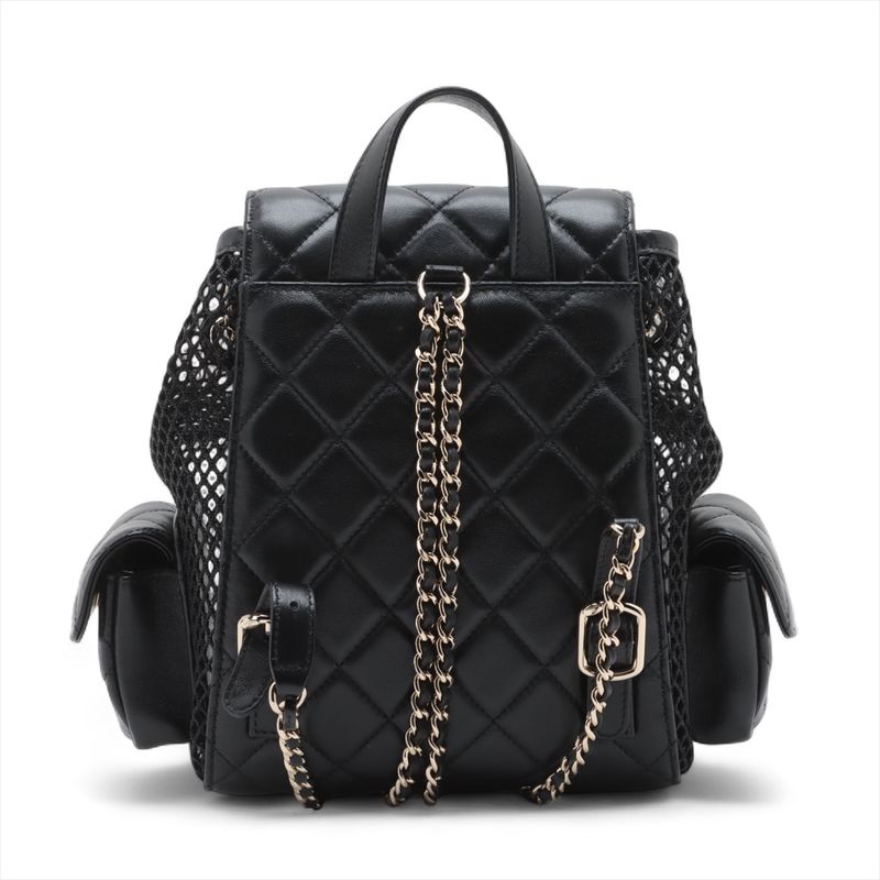 Chanel Quilted Lambskin Chain Backpack Mesh Black Gold Random Plate