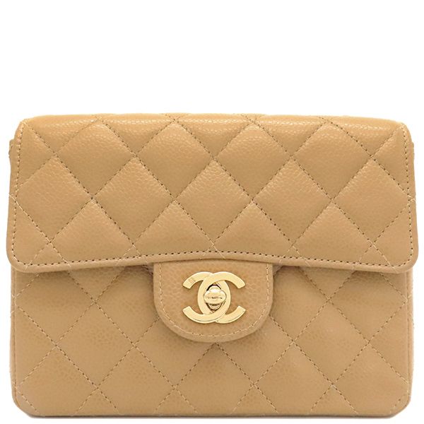 Chanel Shoulder Bag Mini Matelasse Caviar Skin Beige Gold Hardware Chain