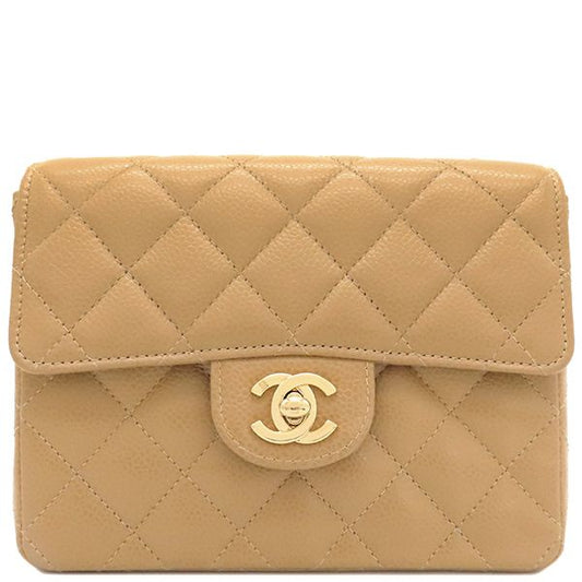 Chanel Shoulder Bag Mini Matelasse Caviar Skin Beige Gold Hardware Chain