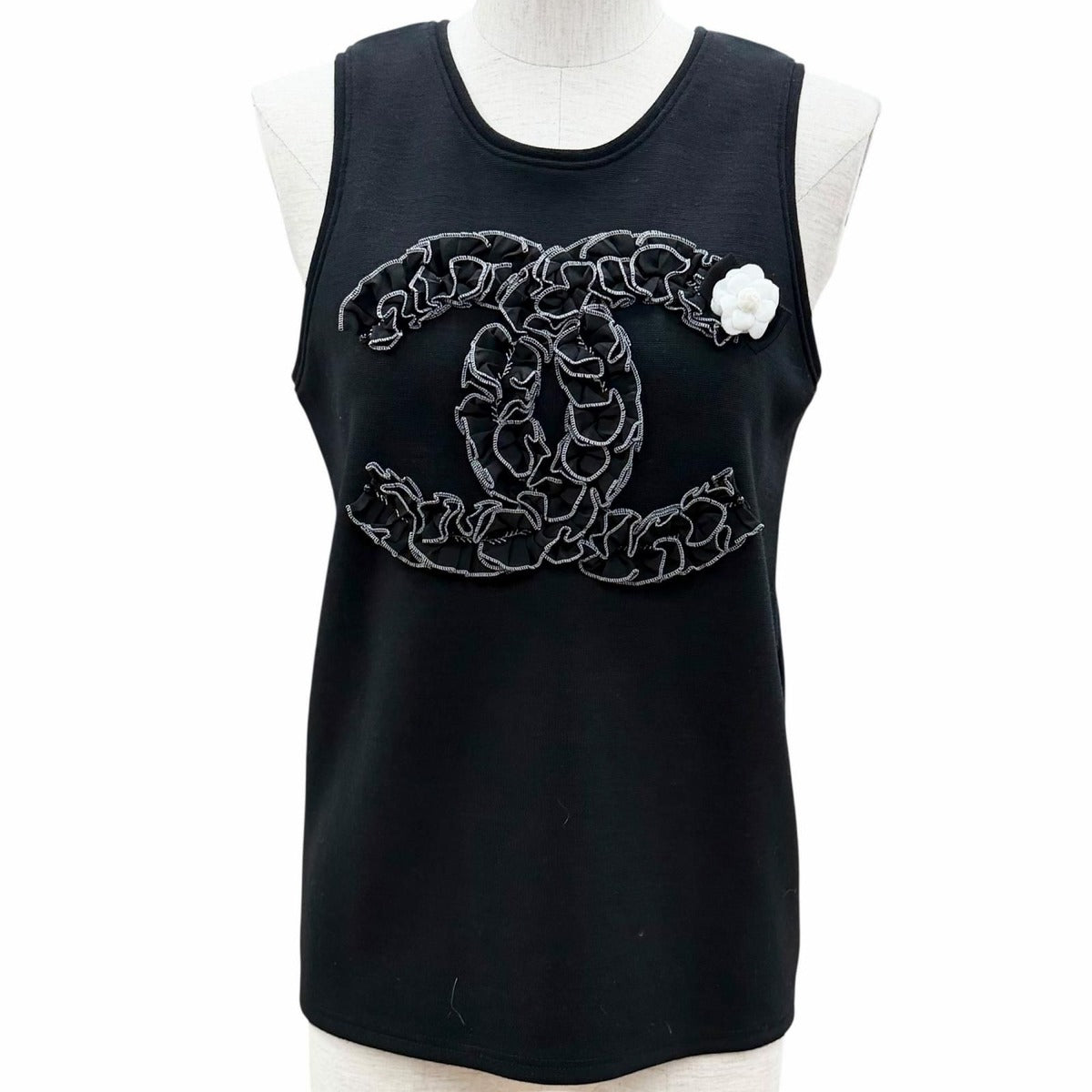 Chanel Wool CC Logo Sleeveless Top with Camellia Brooch Black 38