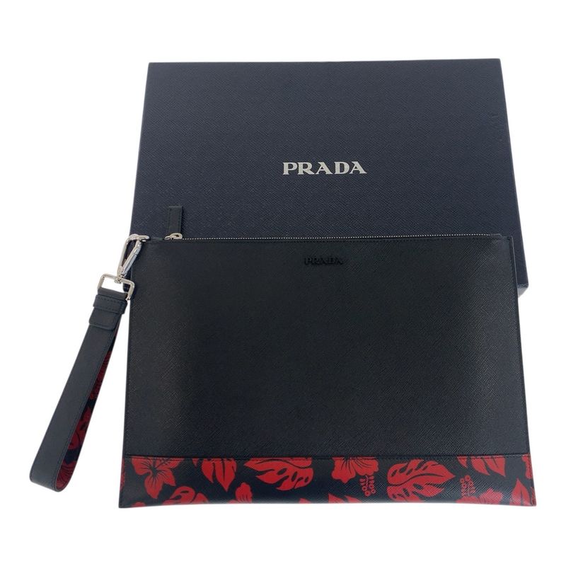 Prada Saffiano Floral Logo Black Red Silver Hardware Leather Clutch Bag Second