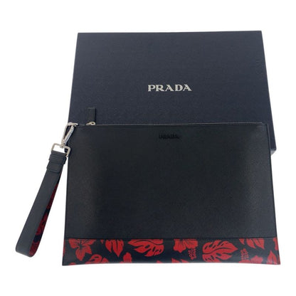 Prada Saffiano Floral Logo Black Red Silver Hardware Leather Clutch Bag Second