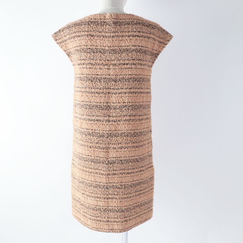 CHANEL P57978 French Sleeve Tweed Dress With Coco Mark Plate Beige Black 34