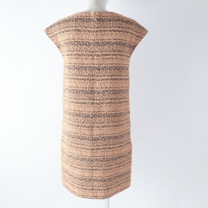 CHANEL P57978 French Sleeve Tweed Dress With Coco Mark Plate Beige Black 34