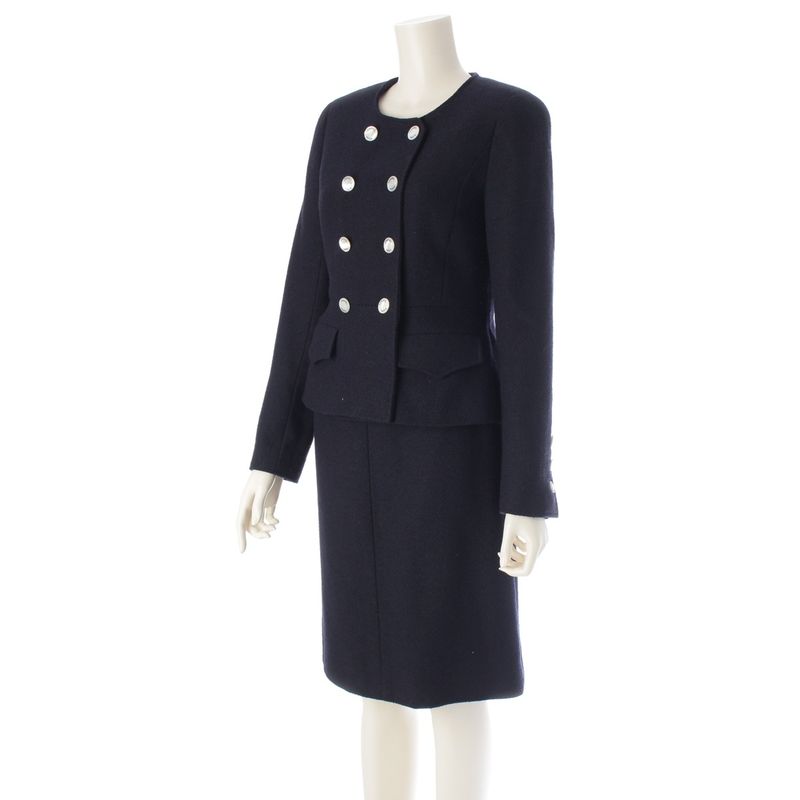 Chanel 97P Wool And Nylon Collarless Jacket Skirt Set-up P07187v05407 Navy 36