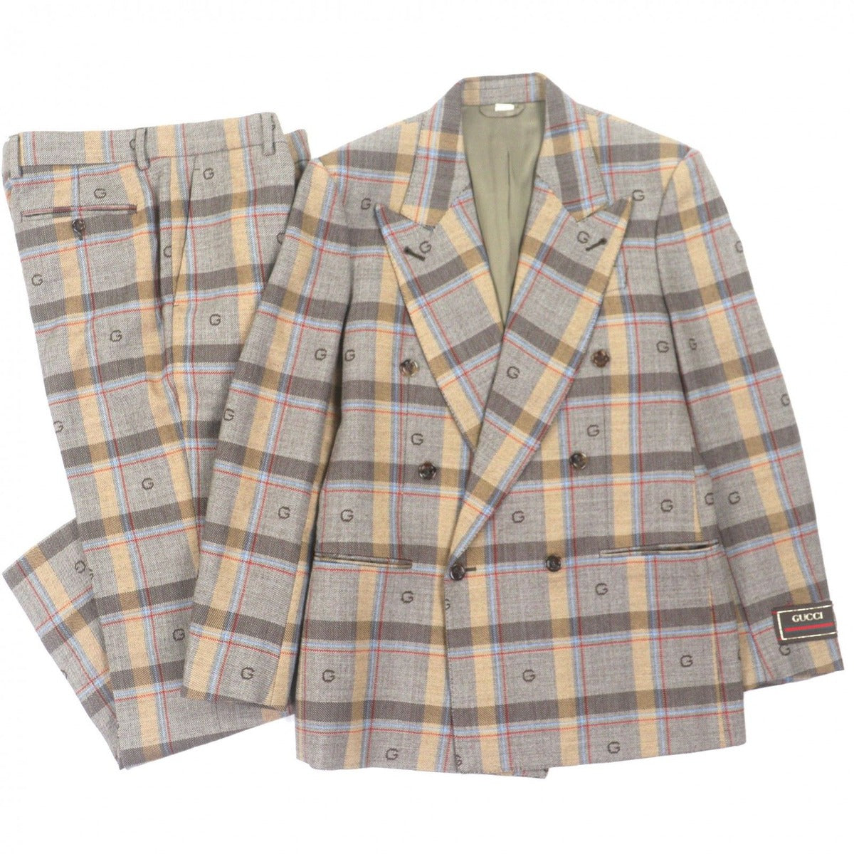 Gucci Wool Rayon Logo Pattern Check Double Suit Set