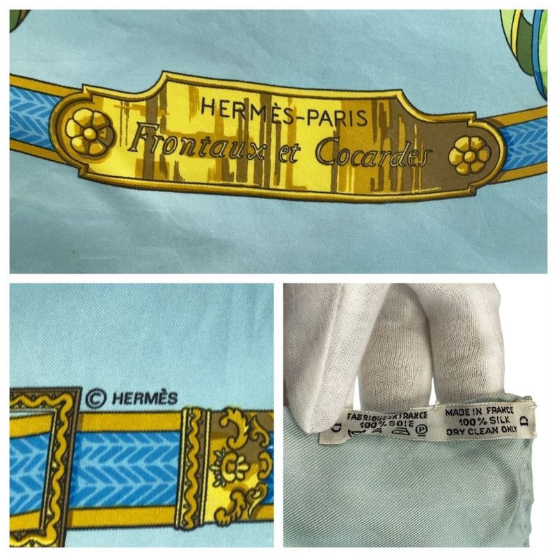 Hermes Frontaux Et Cocardes Carré 90 Sky Blue Light Green Silk Scarf Large
