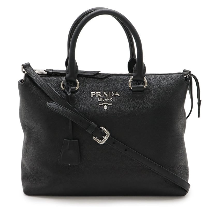 Prada Handbag Tote Bag 2-Way Shoulder Bag Leather Nero Black Silver Hardware