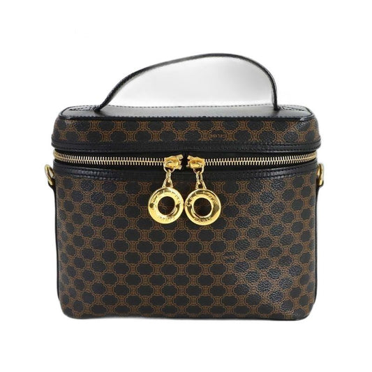 Celine Macadam Vanity Hand Bag Leather Black Brown Vintage Gold
