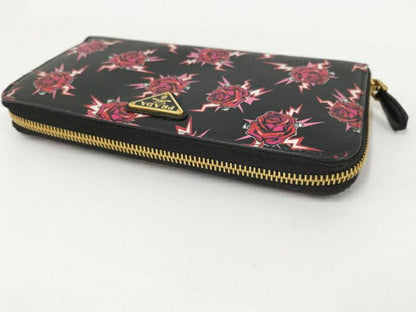 Prada Round Zipper Long Wallet Rose Saffiano Leather Black 1ml506