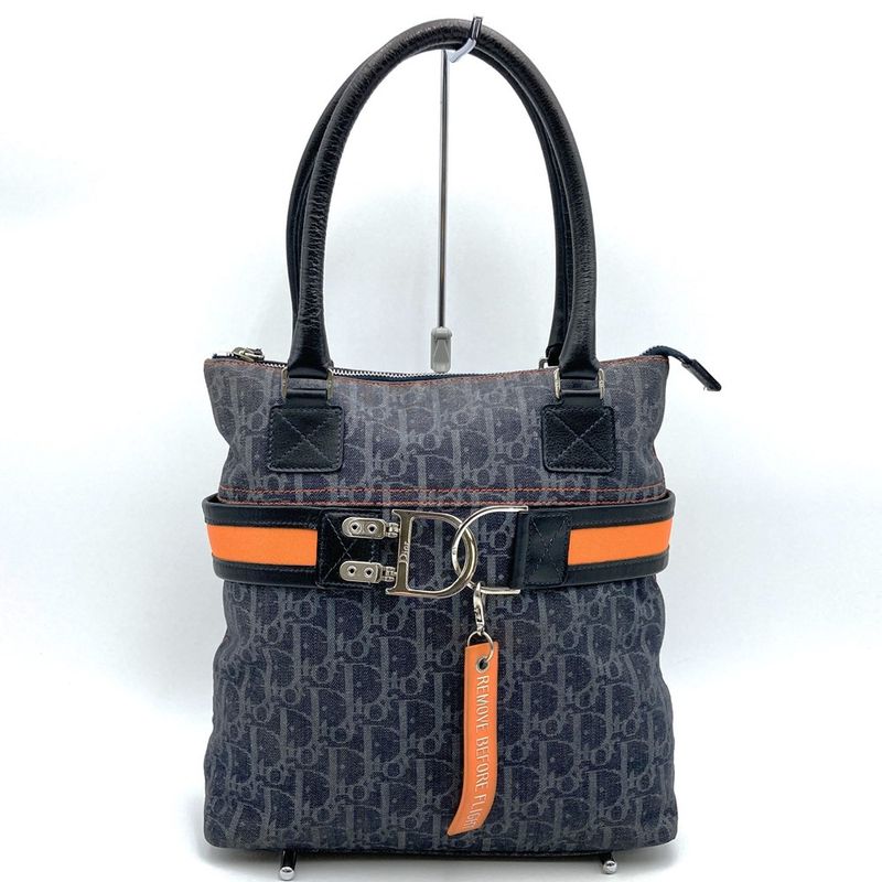 DIOR Tote Bag Trotter Flight Line Navy/orange Canvas Leather Women's