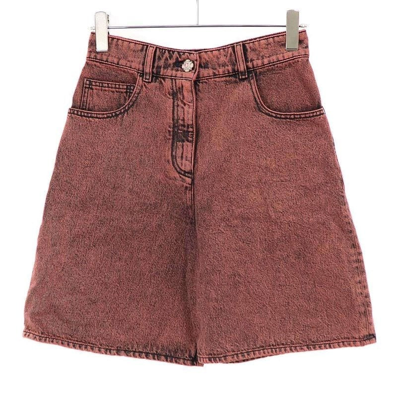 Chanel Flower Bijoux Button Washed Denim Shorts Red 36